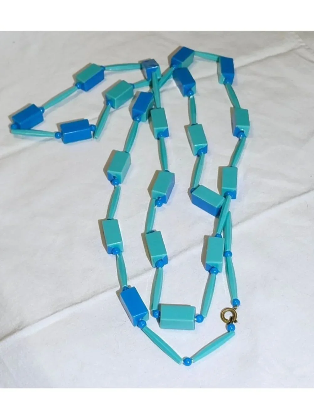 Vintage 1960s Two Aquamarine & Cyan Acrylic Beaded Necklace Flapper Modernist Po